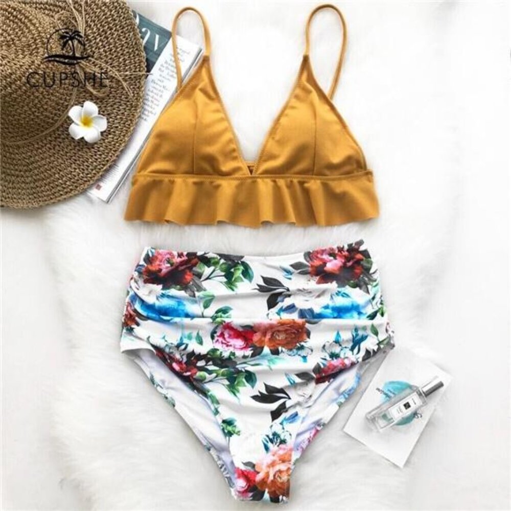 Rose Ruffled Hem Bikini Set Women Flora V-neck High-waisted Two Piece XS